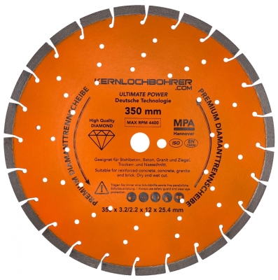 Arix high-performance diamond cutting disc Ø 350 mm for reinforced concrete, Ø drill hole 25.4 mm 